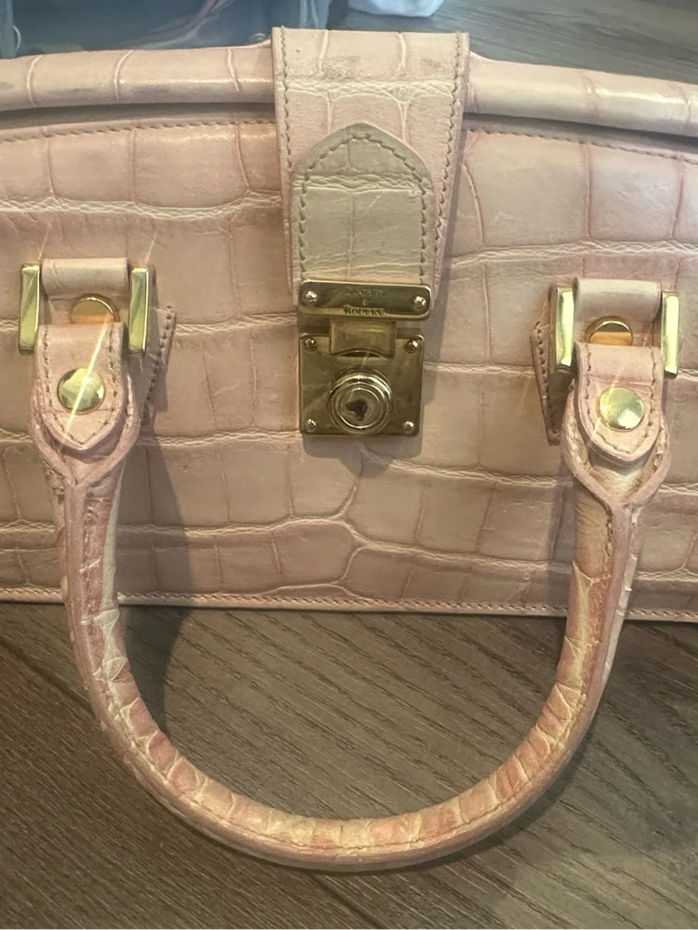 90’s Vintage Dooney & Bourke Pink Croc-Embossed Satchel with Gold Hardware
